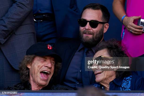 Mick Jagger and Roonie Wood of the Rolling Stones are seen in attendance as FC Barcelona debut their limited edition match shirt featuring the...