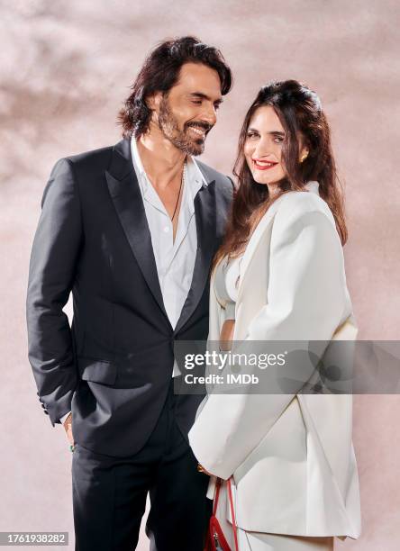 Arjun Rampal and Gabriella Demetriades attend the IMDb Portrait Studio at the 2023 Jio MAMI Mumbai Film Festival on October 28, 2023 in Mumbai, India.