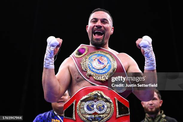 Joseph Parker celebrates victory over Simon Kean after the IBF and WBO Inter-Continental Heavyweight fight between Joseph Parker and Simon Kean at...