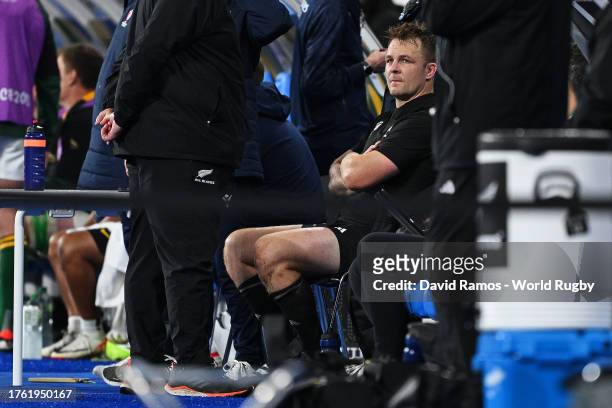 Sam Cane of New Zealand looks dejected after an initial yellow card was upgraded to a red card following a TMO review during the Rugby World Cup...