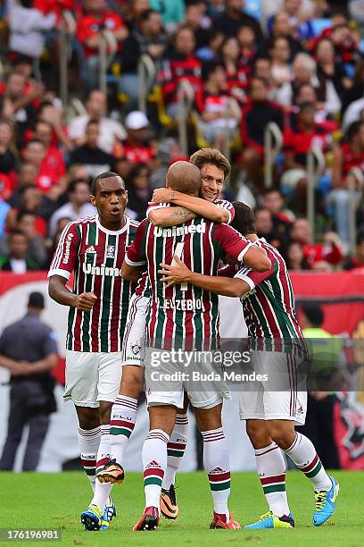 Rafael Sobis of Fluminense celebrates a scored goal against Flamengo during a match between Fluminense and Flamengo as part of Brazilian Championship...