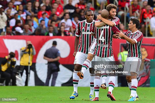 Rafael Sobis of Fluminense celebrates a scored goal against Flamengo during a match between Fluminense and Flamengo as part of Brazilian Championship...