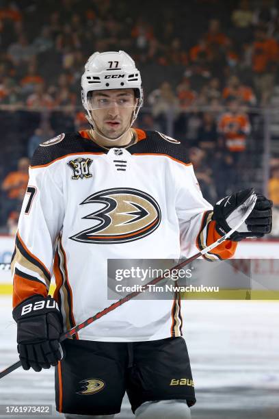 Frank Vatrano of the Anaheim Ducks looks on during the third period against the Philadelphia Flyers at Wells Fargo Center on October 28, 2023 in...