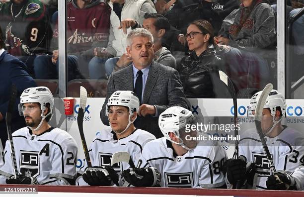 Head coach Todd McLellan of the Los Angeles Kings looks on from the bench against the Arizona Coyotes at Mullett Arena on October 27, 2023 in Tempe,...