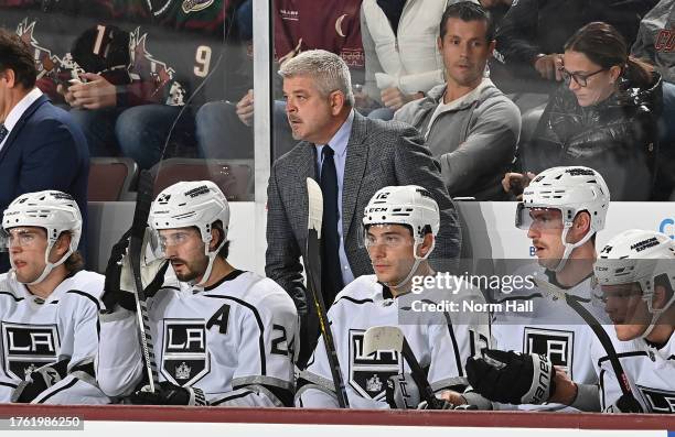 Head coach Todd McLellan of the Los Angeles Kings looks on from the bench against the Arizona Coyotes at Mullett Arena on October 27, 2023 in Tempe,...