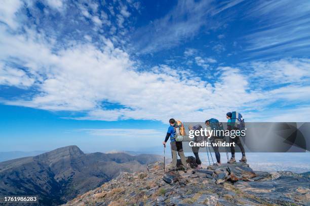 mountain climber team is looking at the camera watching standing on the summit of a mountain. - bovenop stockfoto's en -beelden