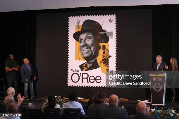 General view is seen onstage of the Willie O'Ree stamp design during the Canada Post Willie O'Ree stamp launch prior to the 2023 Tim Hortons NHL...