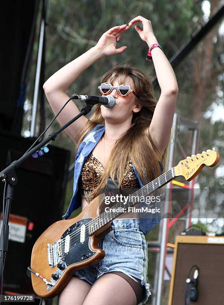 Musician Lindsey Troy of Deap Vally performs at the Panhandle Solar Stage during Day 3 of the 2013 Outside Lands Music And Arts Festival at Golden...