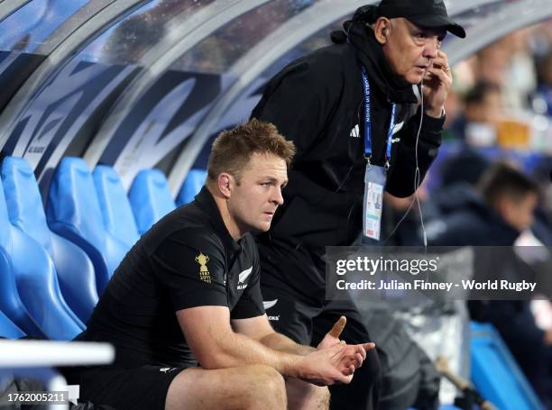 Sam Cane of New Zealand looks dejected from the bench after an initial yellow card was upgraded to a red card following a TMO review during the Rugby...