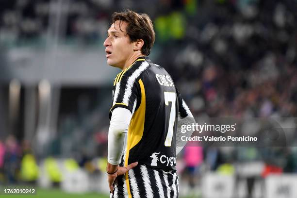 Federico Chiesa of Juventus reacts during the Serie A TIM match between Juventus and Hellas Verona FC at Allianz Stadium on October 28, 2023 in...