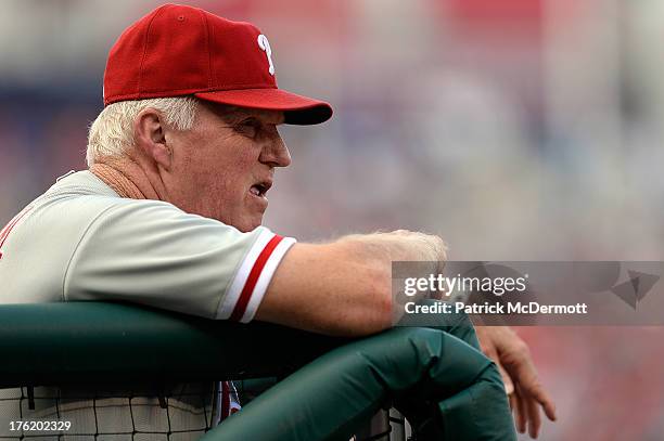 Manager Charlie Manuel of the Philadelphia Phillies watches play during the third inning of a game against the Washington Nationals at Nationals Park...