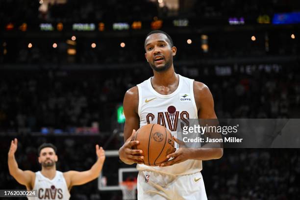 Evan Mobley of the Cleveland Cavaliers objects to a foul call during the fourth quarter against the Oklahoma City Thunder at Rocket Mortgage...