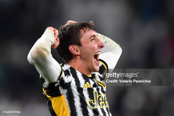 Andrea Cambiaso of Juventus celebrates victory following the Serie A TIM match between Juventus and Hellas Verona FC at Allianz Stadium on October...