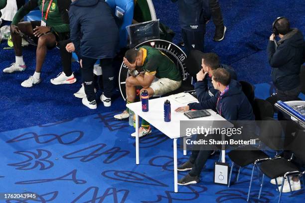 Cheslin Kolbe of South Africa looks dejected from the sin bin after receiving a yellow card from Referee Wayne Barnes during the Rugby World Cup...