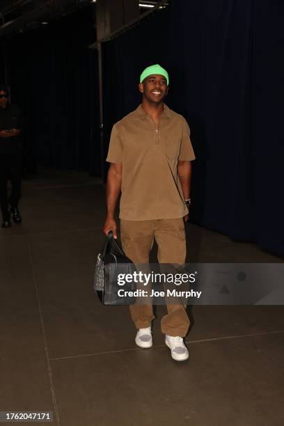 Chris Paul of the Golden State Warriors arrives to the arena before the game against the Oklahoma City Thunder during the In-Season Tournament on...
