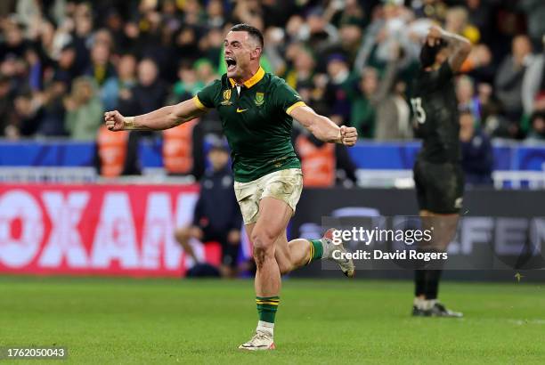 Jesse Kriel of South Africa celebrates following the team’s victory during the Rugby World Cup Final match between New Zealand and South Africa at...