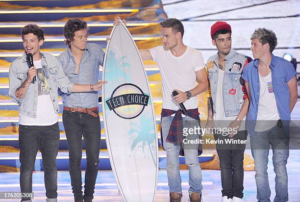 Singers Liam Payne, Harry Styles, Louis Tomlinson, Zayn Malik and Niall Horan of One Direction accept Choice Group award onstage during the Teen...