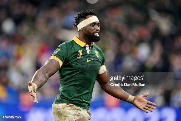 Siya Kolisi of South Africa celebrates following the team’s victory during the Rugby World Cup Final match between New Zealand and South Africa at...