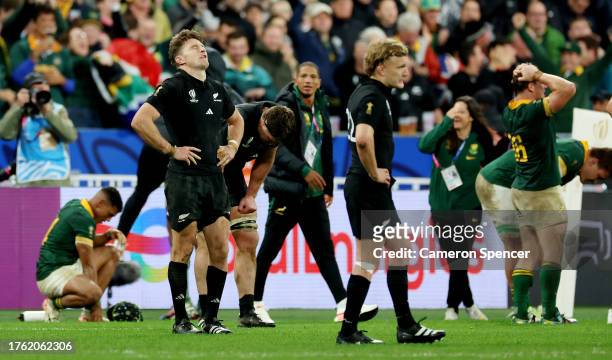 Jordie Barrett of New Zealand looks dejected following the team’s defeat during the Rugby World Cup Final match between New Zealand and South Africa...