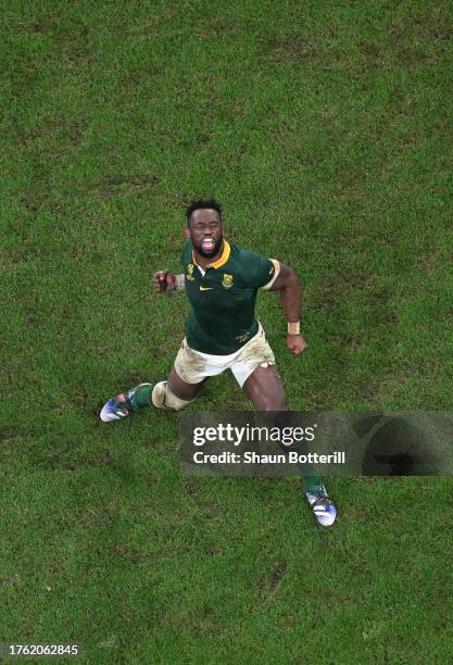 Siya Kolisi of South Africa celebrates at full-time after their team's victory in the Rugby World Cup Final match between New Zealand and South...