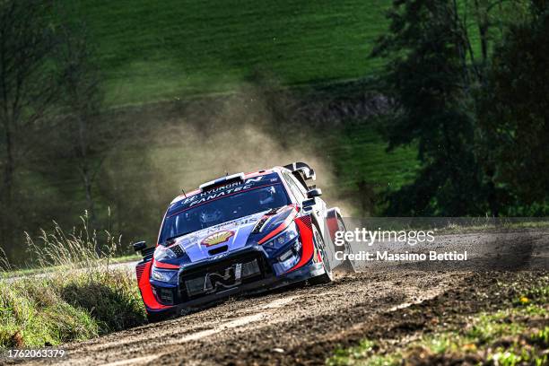 Teemu Suninen of Finland and Mikko Markkula of Finland are competing with their Hyundai Shell Mobis WRT Hyundai i20 N Rally1 Hybrid during Day Four...