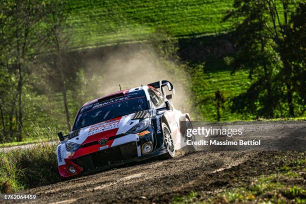 Takamoto Katsuta of Japan and Aaron Johnston of Ireland are competing with their Toyota Gazoo Racing WRT Toyota GR Yaris Rally1 during Day Four of...