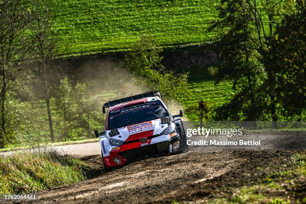 Takamoto Katsuta of Japan and Aaron Johnston of Ireland are competing with their Toyota Gazoo Racing WRT Toyota GR Yaris Rally1 during Day Four of...