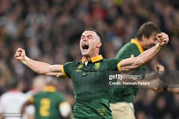 Jesse Kriel of South Africa celebrates following the team’s victory during the Rugby World Cup Final match between New Zealand and South Africa at...