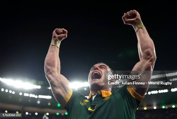 Jesse Kriel of South Africa celebrates at full-time after their team's victory in the Rugby World Cup Final match between New Zealand and South...