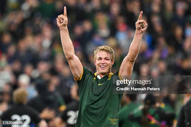 Pieter-Steph Du Toit of South Africa celebrates following the team's victory during the Rugby World Cup Final match between New Zealand and South...