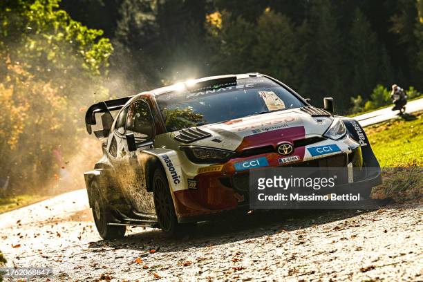Kalle Rovanpera of Finland and Jonne Halttunen of Finland compete with their Toyota Gazoo Racing WRT Toyota GR Yaris Rally1 during Day Four of the...