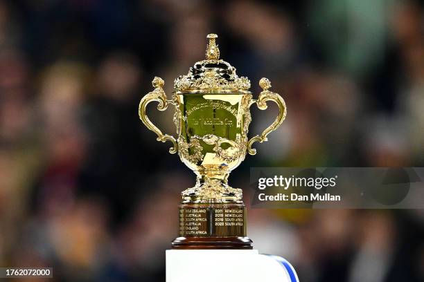 Detailed view of The Webb Ellis Cup after the Rugby World Cup Final match between New Zealand and South Africa at Stade de France on October 28, 2023...