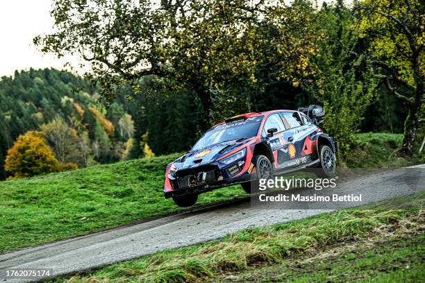 Thierry Neuville of Belgium and Martijn Wydaeghe of Belgium are competing with their Hyundai Shell Mobis WRT Hyundai i20 N Rally1 during Day Four of...