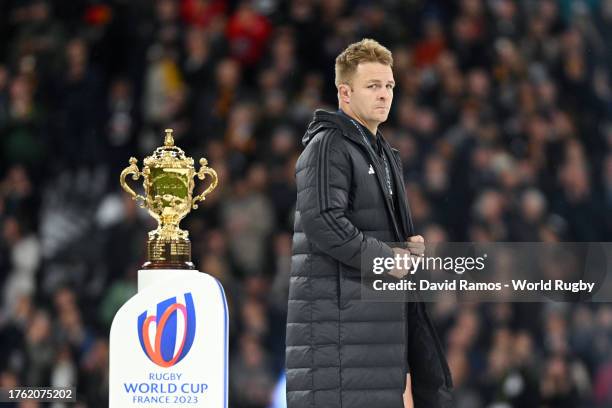 Sam Cane of New Zealand looks on as he walks past the The Webb Ellis Cup following the Rugby World Cup Final match between New Zealand and South...