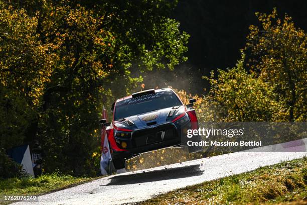 Thierry Neuville of Belgium and Martijn Wydaeghe of Belgium are competing with their Hyundai Shell Mobis WRT Hyundai i20 N Rally1 during Day Four of...