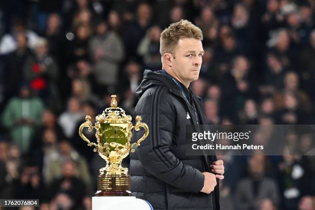 Sam Cane of New Zealand walks past The Webb Ellis Cup after defeat during the Rugby World Cup Final match between New Zealand and South Africa at...
