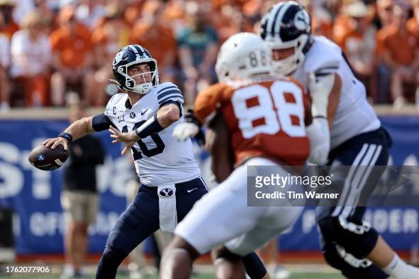 Kedon Slovis of the Brigham Young Cougars throws a pass in the first half against the Texas Longhorns at Darrell K Royal-Texas Memorial Stadium on...