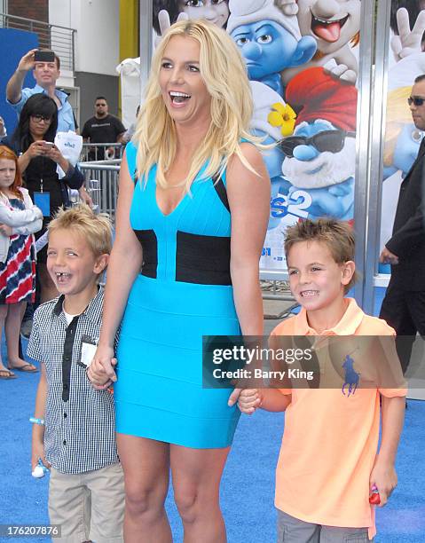 Singer Britney Spears and sons Sean Preston Federline and Jayden James Federline arrive at the Los Angeles Premiere 'Smurfs 2' on July 28, 2013 at...