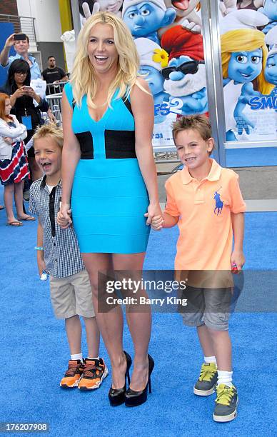Singer Britney Spears and sons Sean Preston Federline and Jayden James Federline arrive at the Los Angeles Premiere 'Smurfs 2' on July 28, 2013 at...