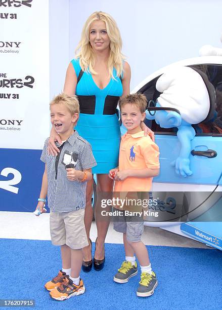 Singer Britney Spears and sons Sean Preston Federline and Jayden James Federline arrive at the Los Angeles Premiere 'Smurfs 2' on July 28, 2013 at...