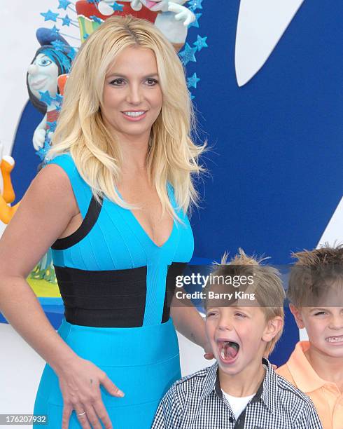 Singer Britney Spears and her sons Sean Preston Federline and Jayden James Federline arrive at the Los Angeles Premiere 'Smurfs 2' on July 28, 2013...