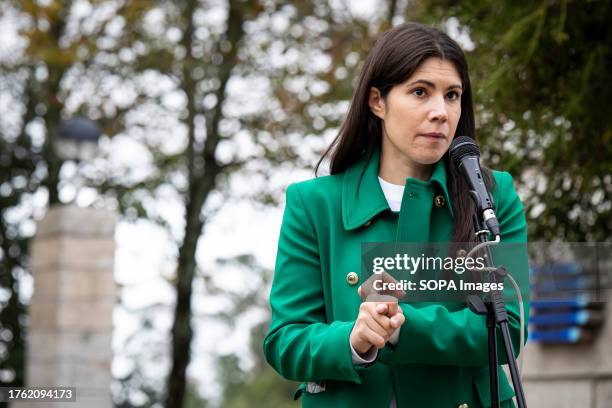 The coordinator of Bloco de Esquerda , Mariana Mortágua, speaks during the plenary of workers at RTP, at the Northern Production Center of RTP. This...