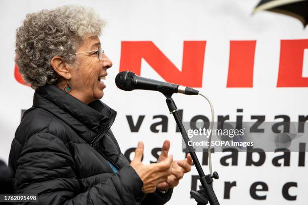 The general secretary of CGTP-IN, Isabel Camarinha, speaks to the press during the plenary session of workers at RTP, at the Centro de Produção do...