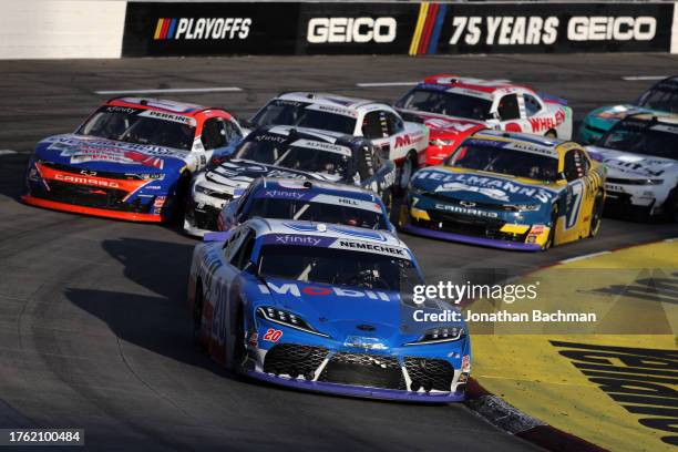 John Hunter Nemechek, driver of the Mobil 1 Toyota, Blaine Perkins, driver of the PayDay Salutes Chevrolet, Anthony Alfredo, driver of the Dead On...