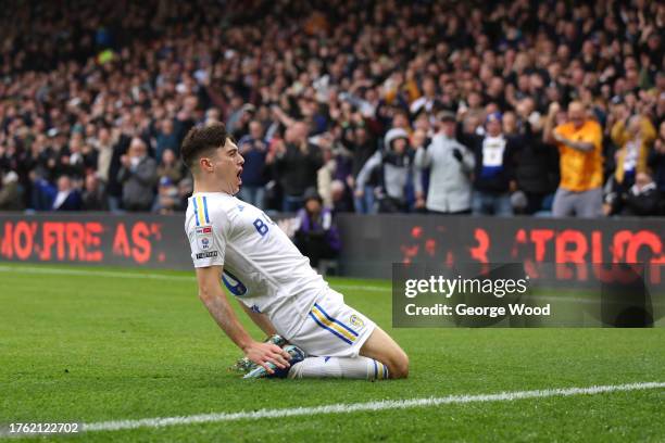 Daniel James of Leeds United celebrates after scoring the team's first goal during the Sky Bet Championship match between Leeds United and...