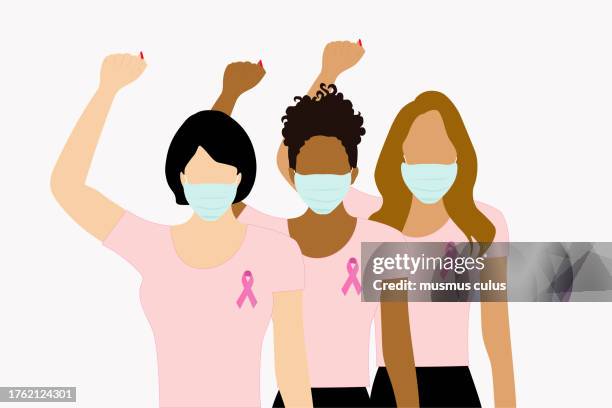 women of different ethnic backgrounds want to draw attention to awareness month by wearing pink cancer ribbons - mammogram icon stock illustrations