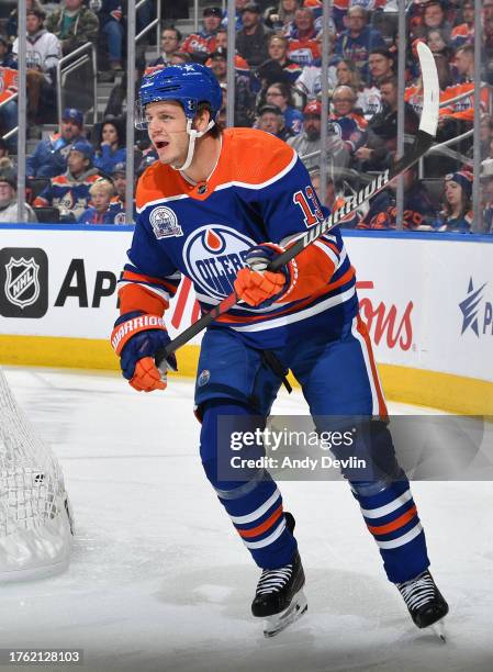 Mattias Janmark of the Edmonton Oilers skates during the game against the New York Rangers at Rogers Place on October 26 in Edmonton, Alberta, Canada.