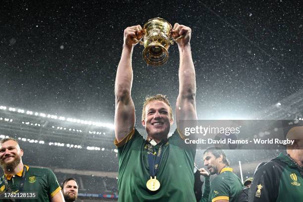 Pieter-Steph Du Toit of South Africa lifts the The Webb Ellis Cup following the Rugby World Cup Final match between New Zealand and South Africa at...