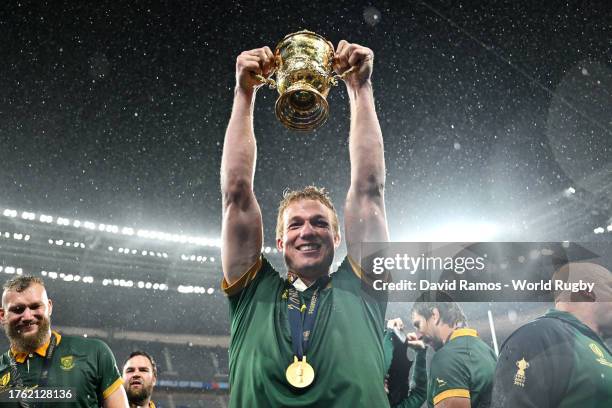 Pieter-Steph Du Toit of South Africa lifts the The Webb Ellis Cup following the Rugby World Cup Final match between New Zealand and South Africa at...