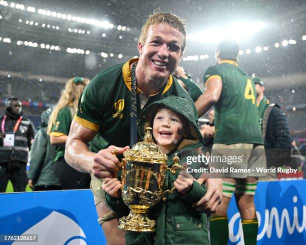 Pieter-Steph Du Toit of South Africa celebrates with The Webb Ellis Cup following the Rugby World Cup Final match between New Zealand and South...